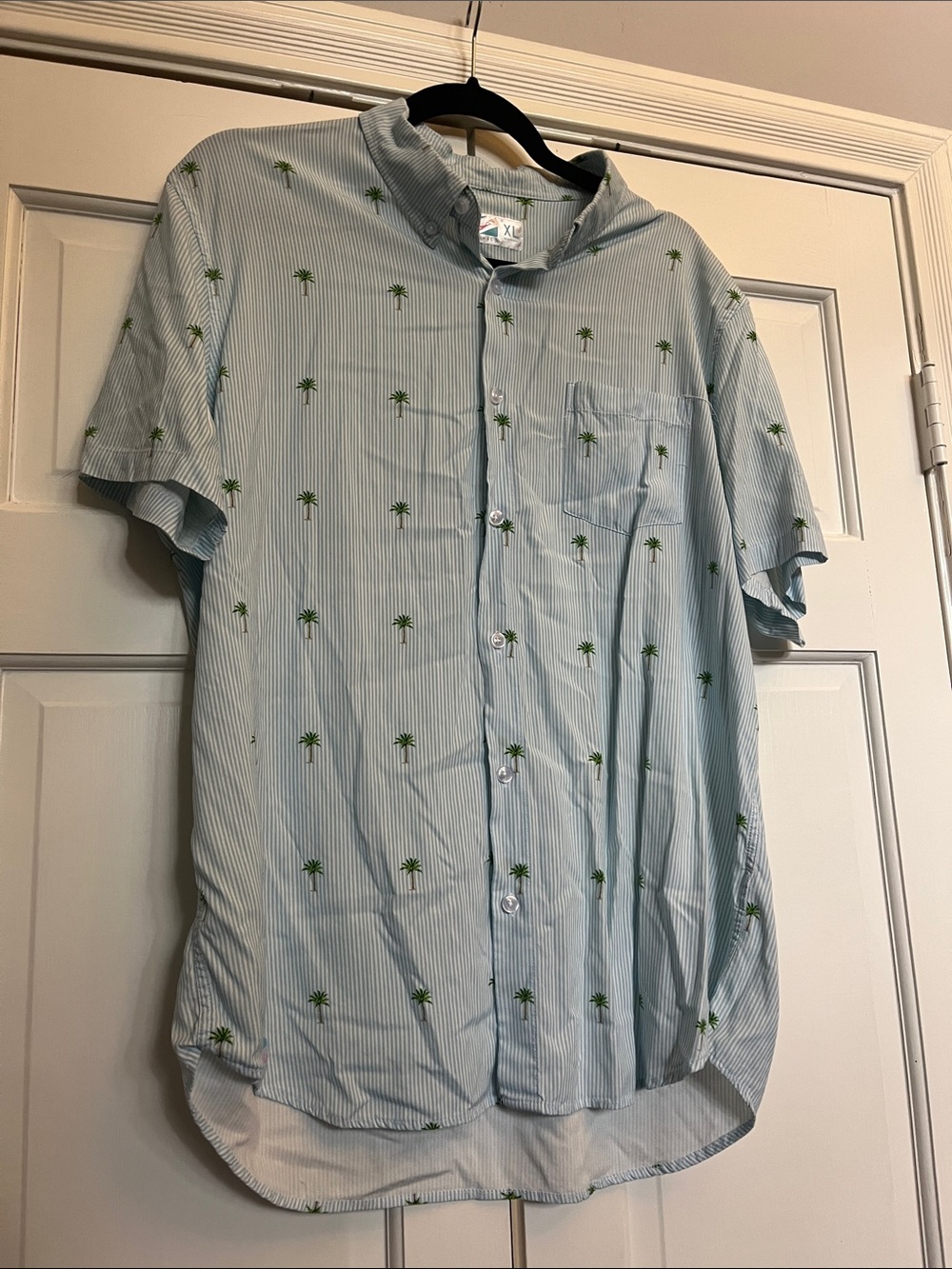 Casual Light Blue Palm-Print Short Sleeve Button-Down Shirt